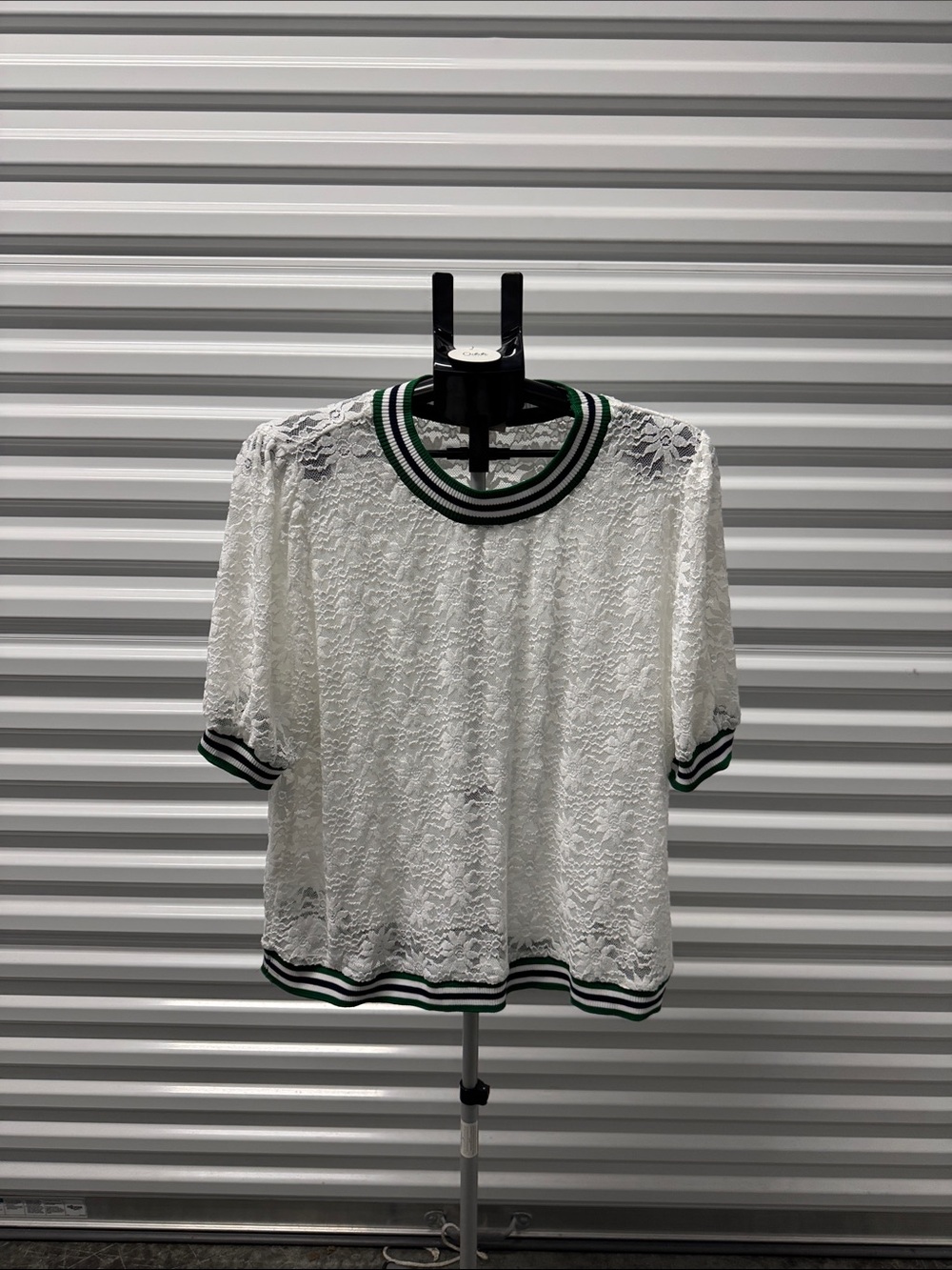 White Lace Short Sleeve Tee with Green-Black Trim